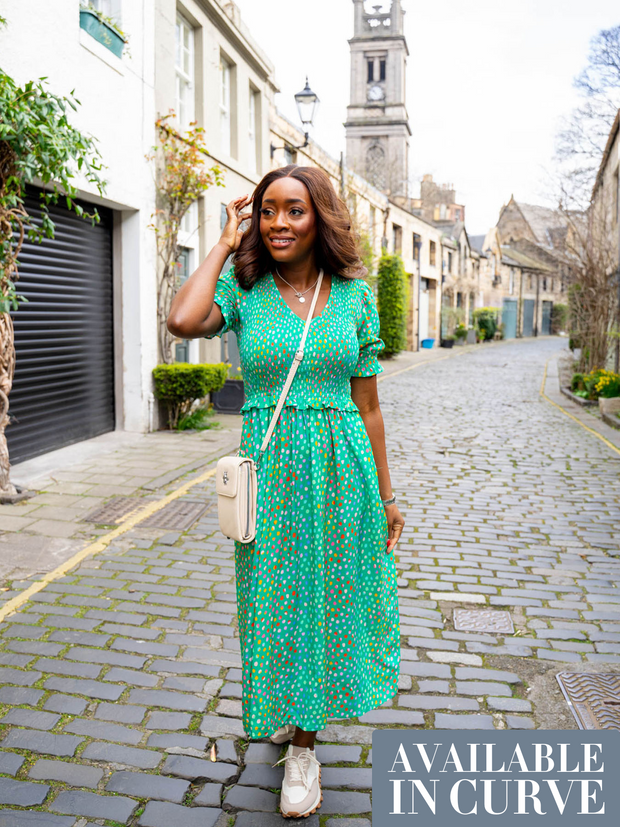 Bettina Midi Shirred Dress - Green Rainbow Pebbles by Sugarhill Brighton