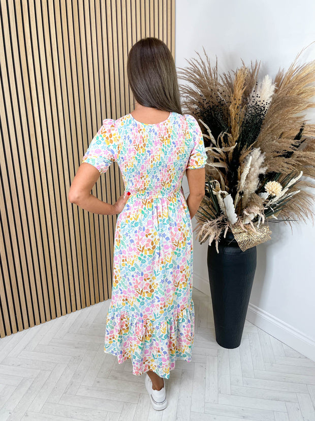 Patrice Shirred Dress - Multi Rainbow Botanical Floral by Sugarhill Brighton