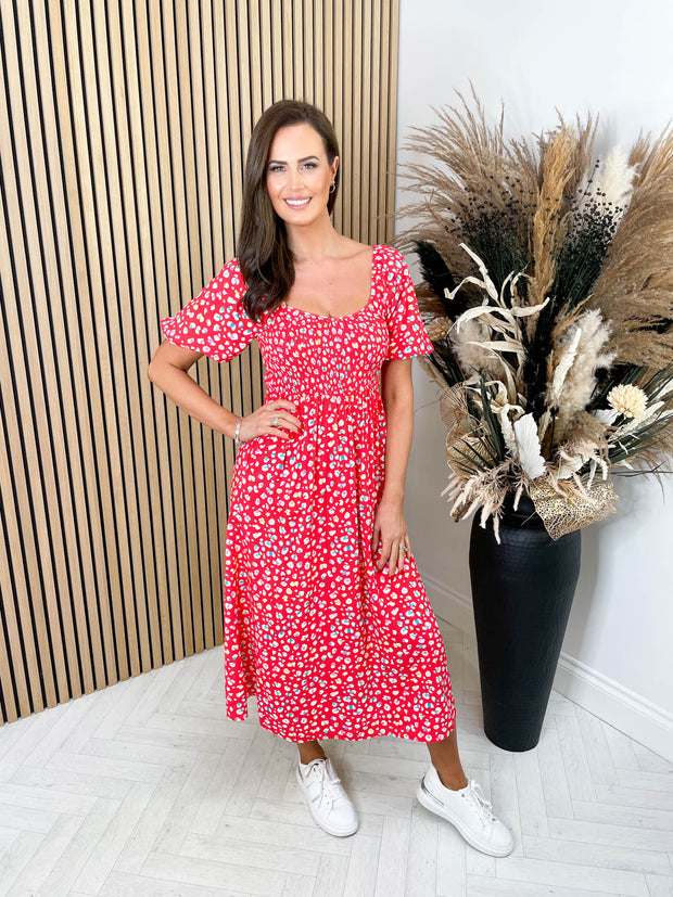 Sarita Shirred Dress - Red Rainbow Leopard by Sugarhill Brighton