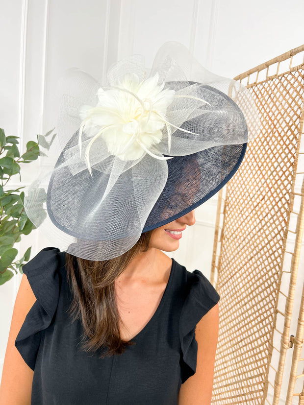 Camellia Fascinator - Navy/Ivory