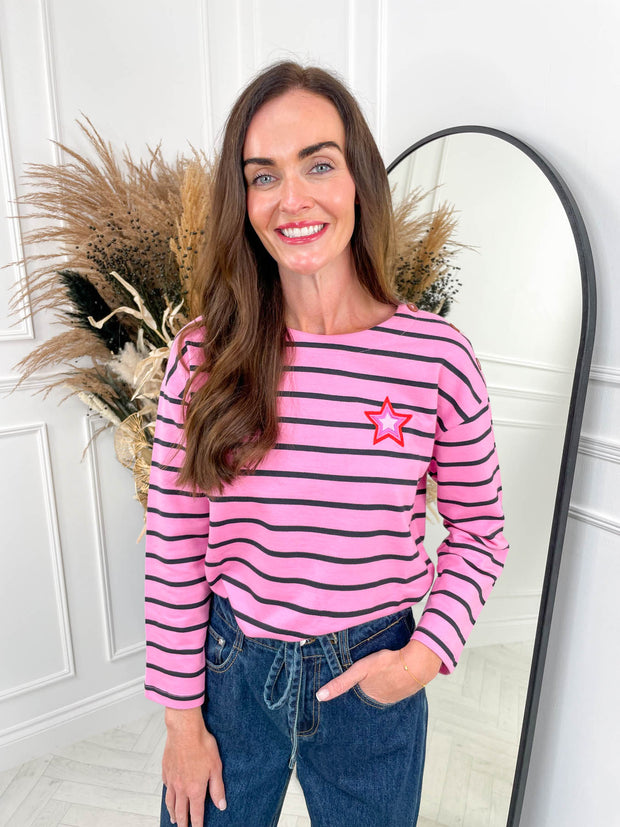 Celine Breton Top Pink/Black Stripe By Sugarhill Brighton