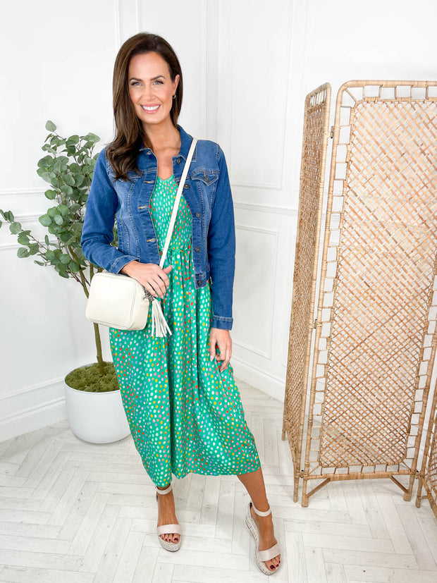 Bettina Midi Shirred Dress - Green Rainbow Pebbles by Sugarhill Brighton