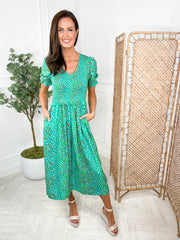 Bettina Midi Shirred Dress - Green Rainbow Pebbles by Sugarhill Brighton