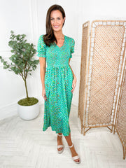 Bettina Midi Shirred Dress - Green Rainbow Pebbles by Sugarhill Brighton