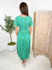 Bettina Midi Shirred Dress - Green Rainbow Pebbles by Sugarhill Brighton