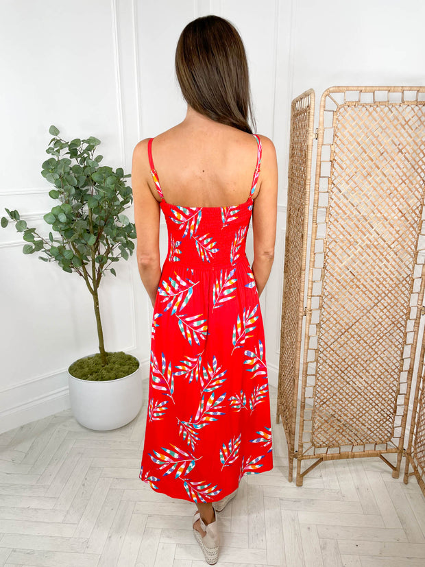 Christabel Shirred Midi Dress - Red Rainbow Fronds by Sugarhill Brighton