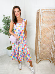 Estelle Shirred Midi Sundress - Off White Geometric by Sugarhill Brighton