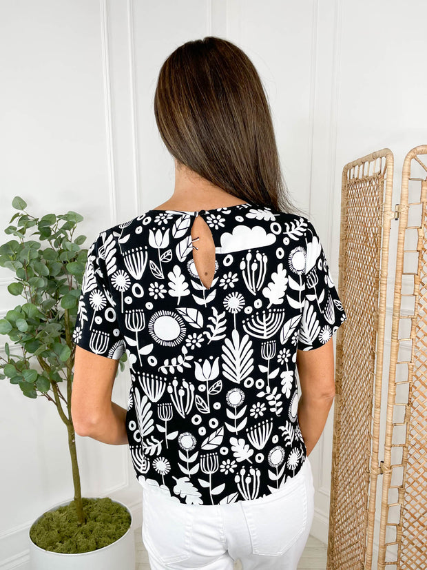 Christina Top - Monochrome Folk Floral by Sugarhill Brighton