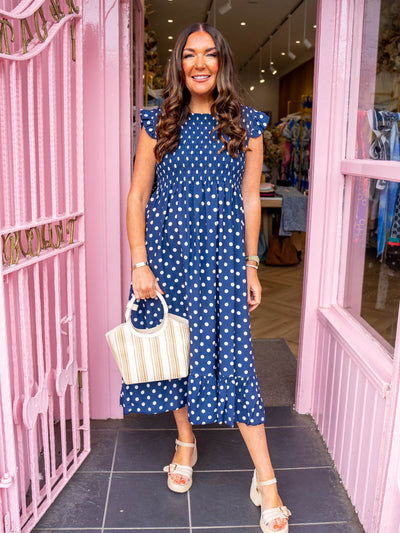 Maisie Polka Dot Shirred Midi Dress