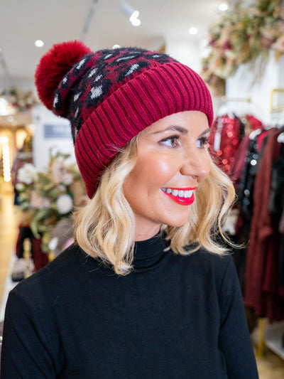 Britt Leopard Bobble Hat - Wine