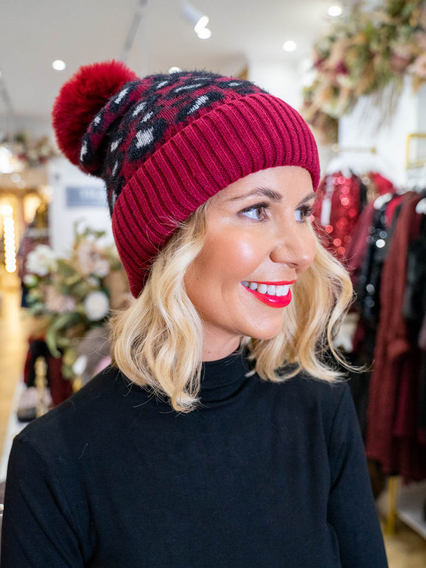 Britt Leopard Bobble Hat - Wine