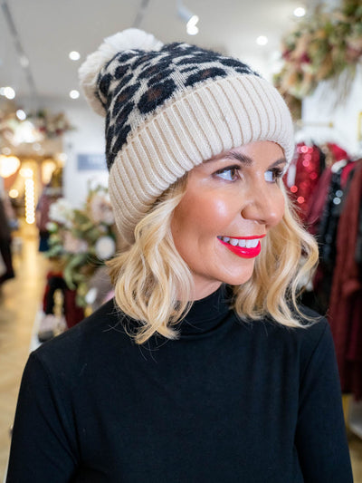 Britt Leopard Bobble Hat - Beige