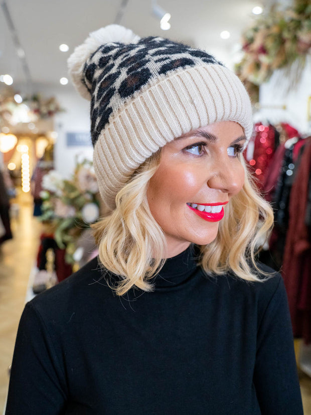 Britt Leopard Bobble Hat - Beige