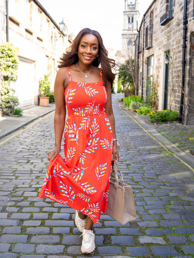 Christabel Shirred Midi Dress - Red Rainbow Fronds by Sugarhill Brighton