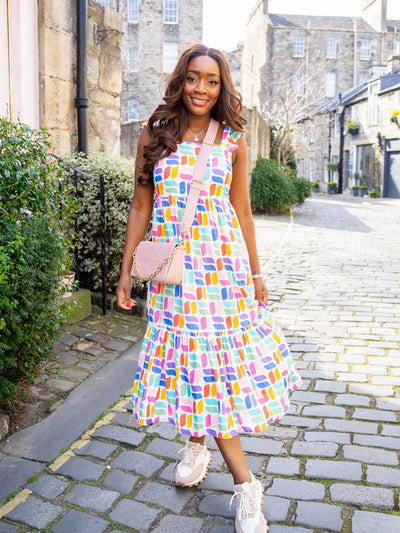 Estelle Shirred Midi Sundress - Off White Geometric by Sugarhill Brighton