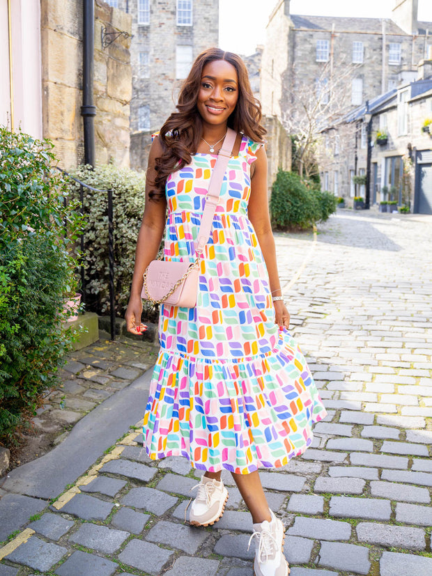 Estelle Shirred Midi Sundress - Off White Geometric by Sugarhill Brighton