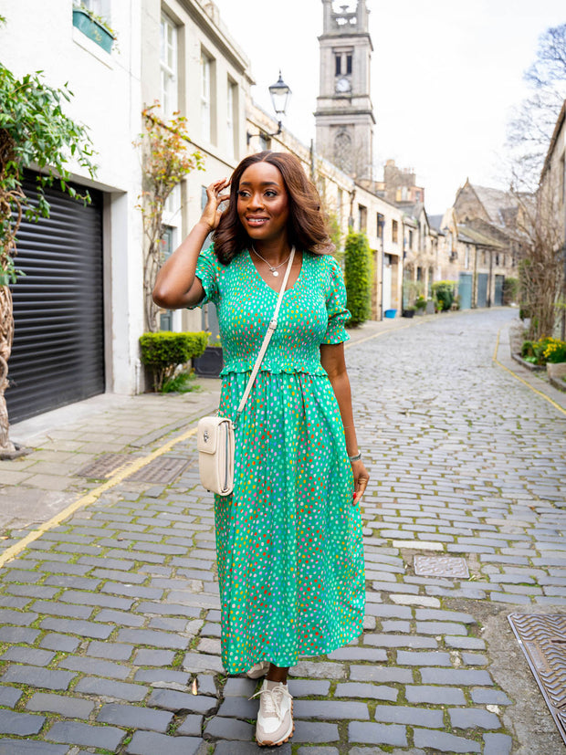 Bettina Midi Shirred Dress - Green Rainbow Pebbles by Sugarhill Brighton