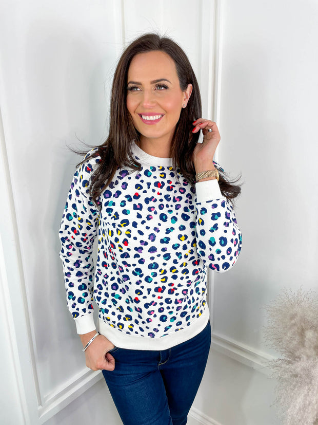 Noah Sweatshirt - White Rainbow Leopard By Sugarhill Brighton