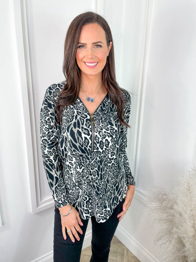 McKenzie Zip Top - Grey Animal