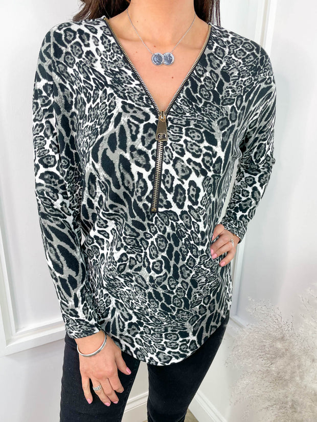 McKenzie Zip Top - Grey Animal